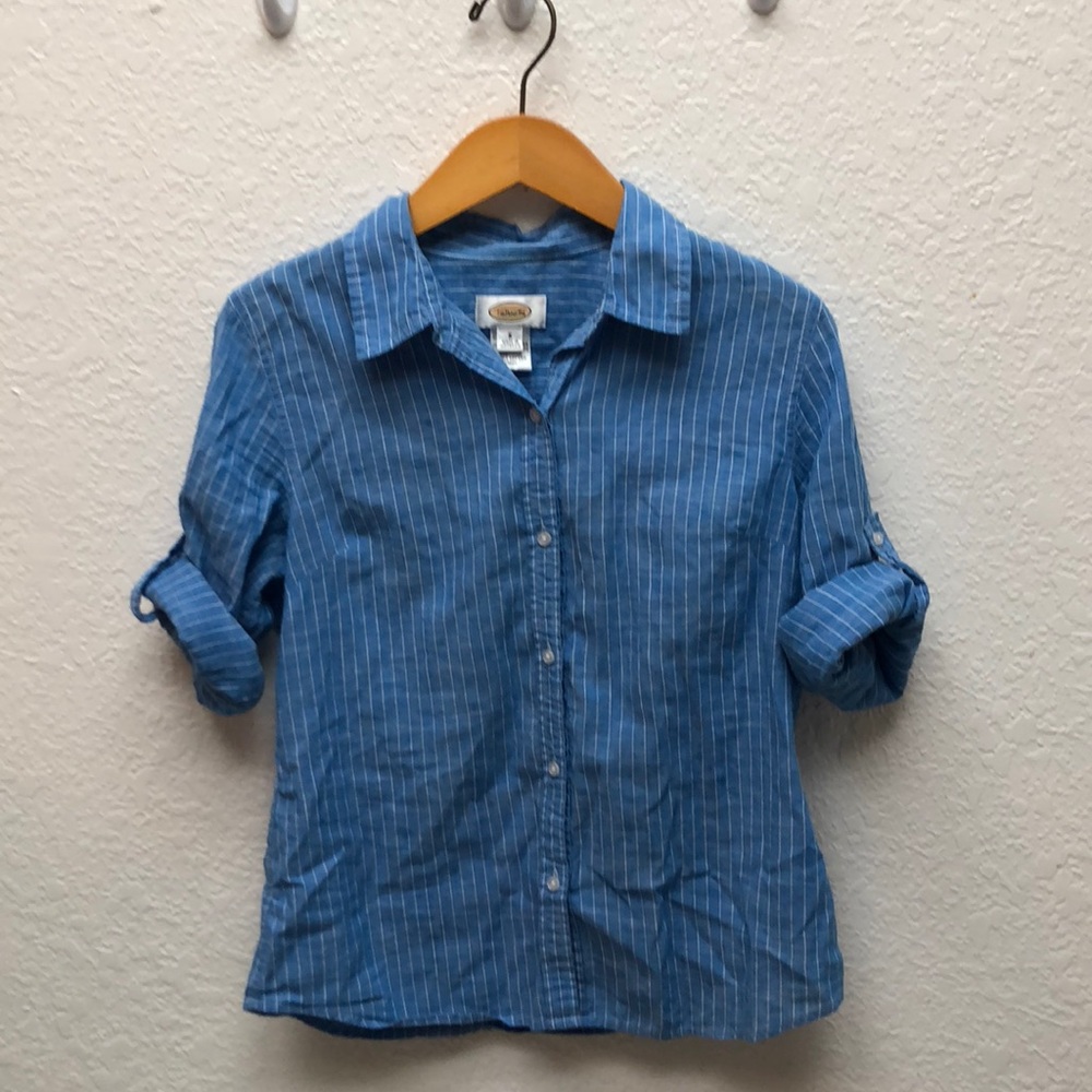 Talbots roll-up sleeve blue striped button-up top - Picture 1 of 7